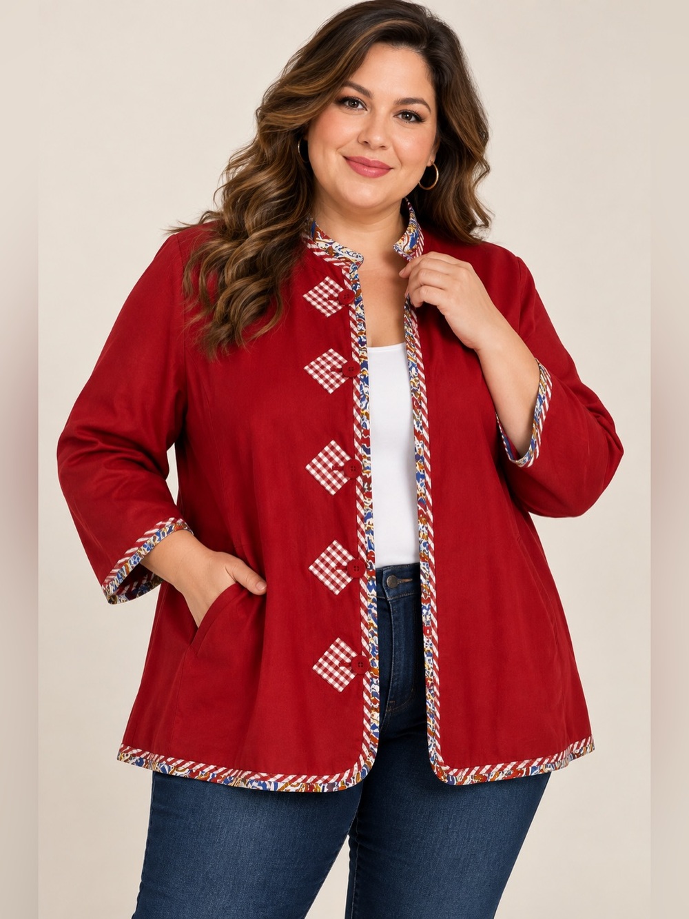 KOOS of Course! Reversible Silk Red Gingham & Bold Print Jacket Blazer 1X